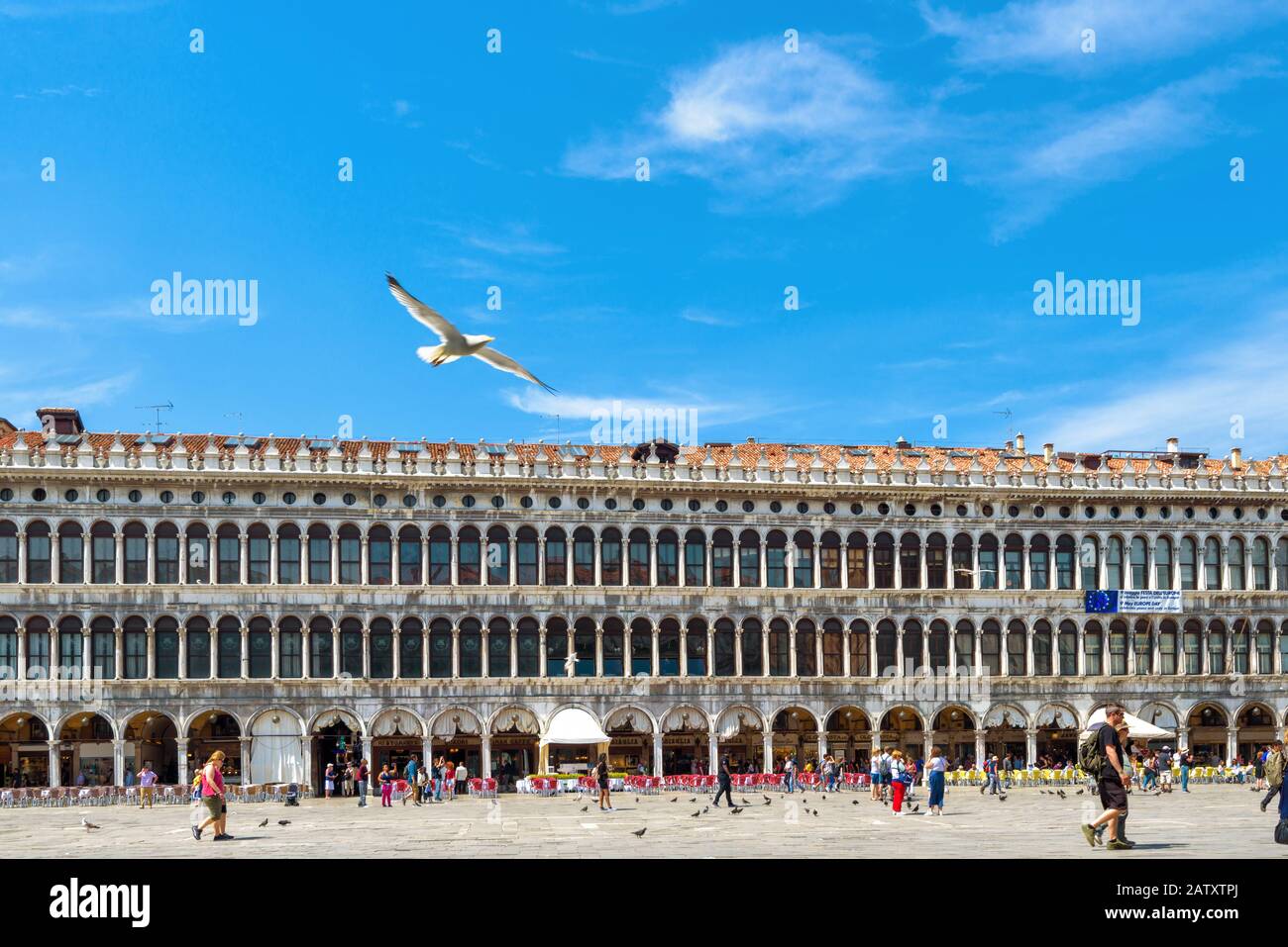 Venice, Italy - May 19, 2017: Piazza San Marco or St Mark`s Square in Venice. It is a top tourist attraction of Venice. Panorama of the Procuratie Vec Stock Photo